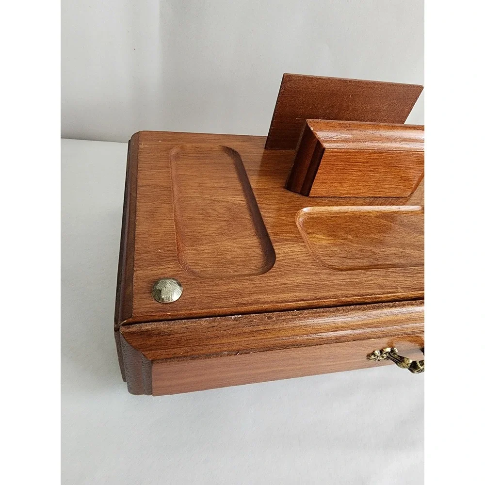 Vintage Wooden Valet Box Desk Organizer Mail Holder Jewelry Drawer Brown Brass